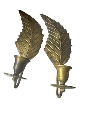 Vintage Gatco Solid Brass Leaf Feather Wall Sconces with candle holder Set of Tw